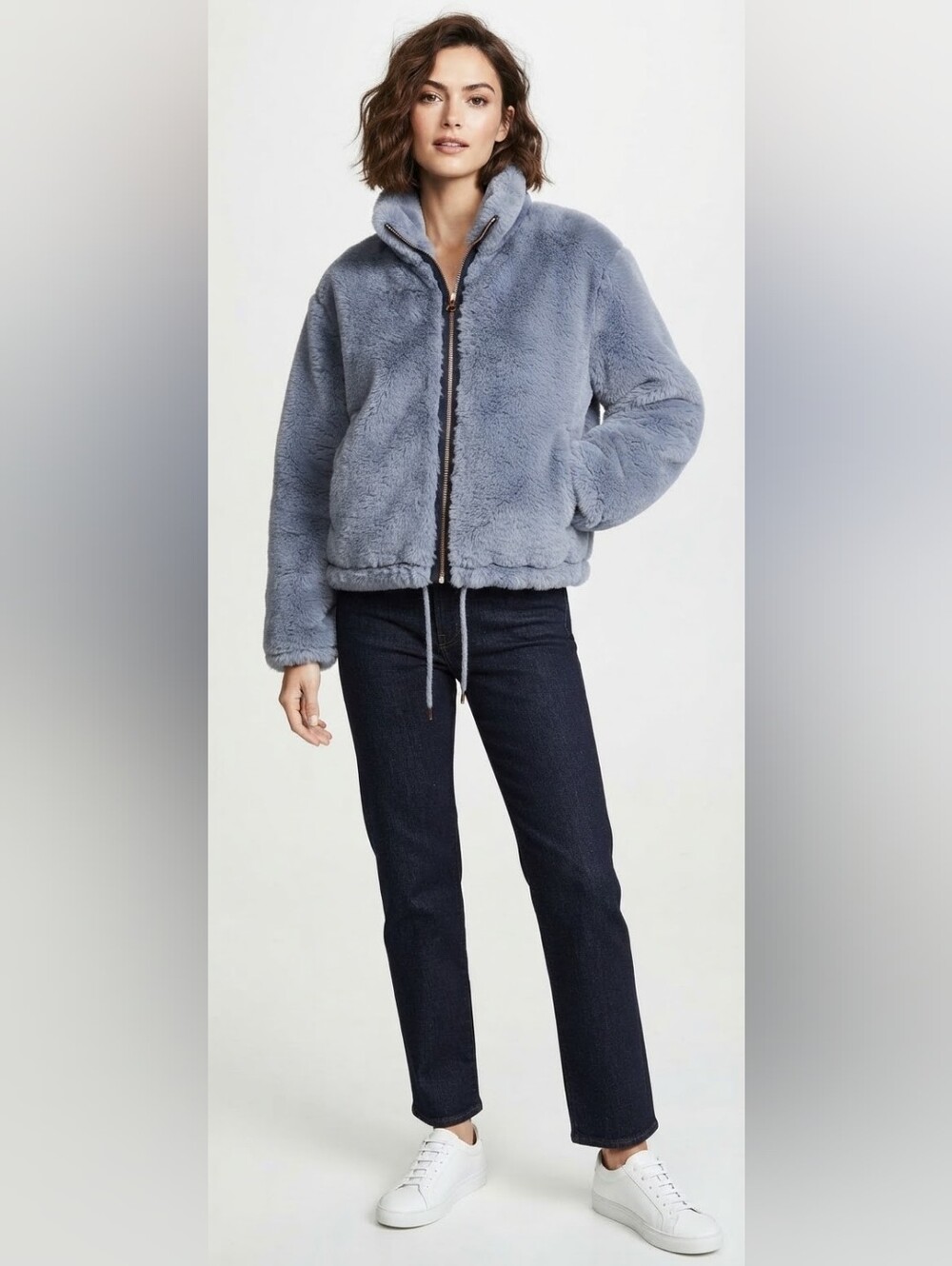 Anthropologie Elevenses Blue Gray Faux Fur Zip Up Teddy Jacket Plush Medium - Picture 14 of 15